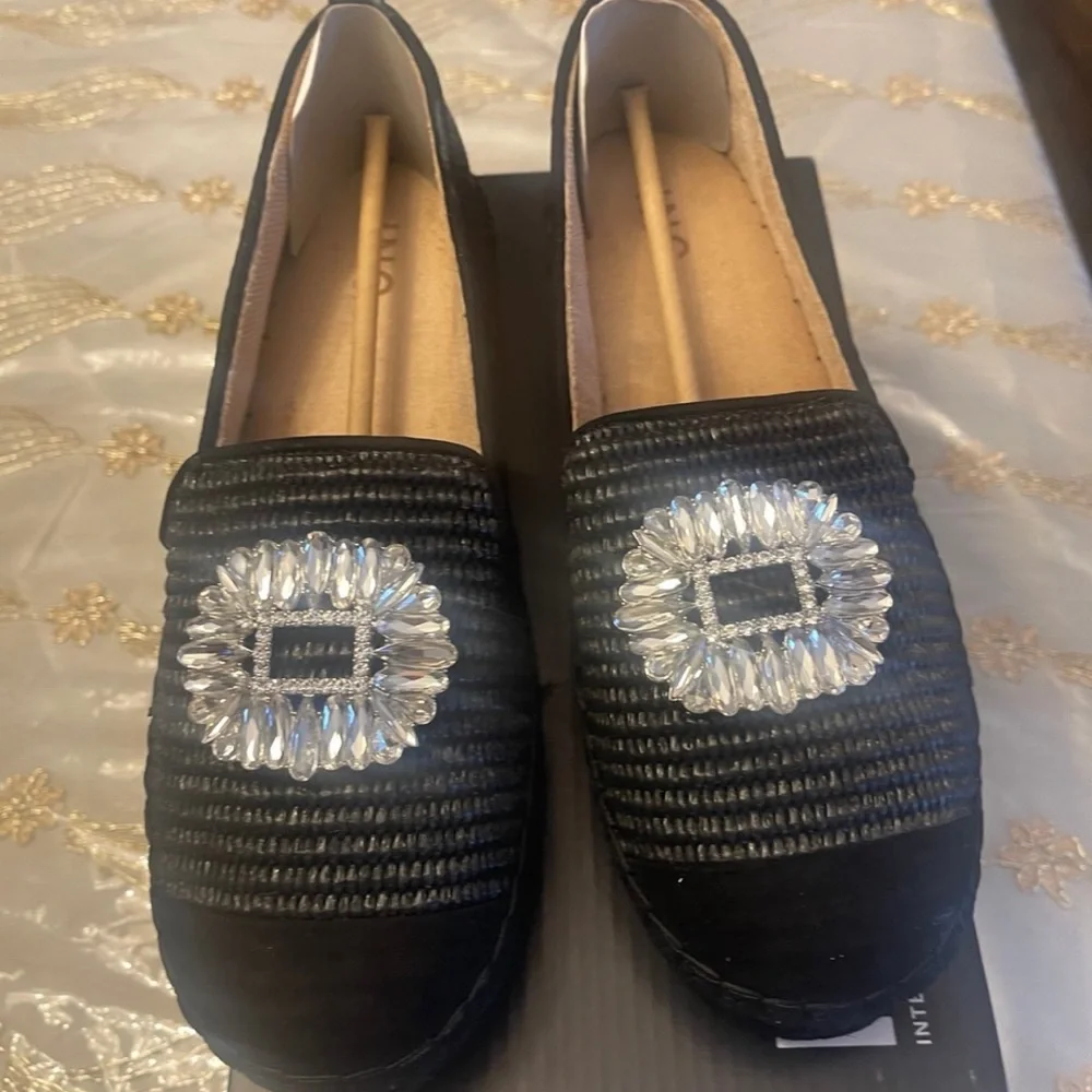INC International Concepts Black Espadrille Loafers with Silver Accent Brooch